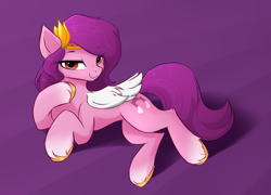 Size: 1805x1296 | Tagged: safe, artist:d.w.h.cn, imported from derpibooru, pipp petals, pegasus, pony, adorapipp, cute, female, g5, jewelry, looking at you, lying down, mare, pipp, smiling, solo, tiara, unshorn fetlocks