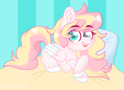 Size: 3100x2254 | Tagged: safe, artist:ninnydraws, imported from derpibooru, oc, oc only, oc:ninny, pegasus, pony, fluffy, full body, looking at you, lying down, pillow, simple background, solo