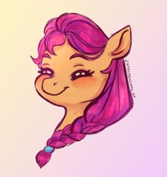 Size: 1933x2048 | Tagged: safe, artist:laps-sp, imported from derpibooru, sunny starscout, earth pony, pony, blushing, braid, bust, eyes closed, female, g5, gradient background, portrait, signature, smiling, solo