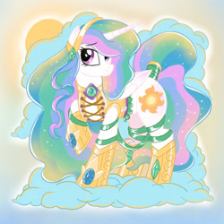 Size: 2000x2000 | Tagged: safe, artist:mediocremare, imported from derpibooru, princess celestia, alicorn, pony, clothes, cloud, gem, solo, tail, tail wrap