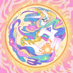 Size: 2000x2000 | Tagged: safe, artist:mediocremare, imported from derpibooru, princess celestia, alicorn, pony, abstract background, bedroom eyes, eyelashes, female, hoof shoes, horn, jewelry, mare, solo, sun, tiara, wings