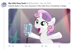 Size: 1476x1006 | Tagged: safe, artist:furrypony, edit, edited screencap, imported from derpibooru, screencap, sweetie belle, pony, unicorn, bloom and gloom, bipedal, blatant lies, english, fail, female, filly, funny, looking up, meta, microphone, my little pony facts, open mouth, raised hoof, solo, stars, text, what a twist, x (platform), you had one job