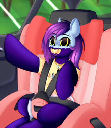 Size: 2400x2750 | Tagged: safe, artist:xcinnamon-twistx, imported from derpibooru, oc, oc:aeris strider, pony, car, car ride, car seat, clothes, commission, diaper, face mask, mask, pacifier, seatbelt, shirt, t-shirt
