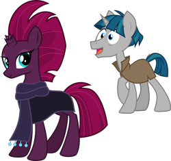 Size: 6342x5956 | Tagged: safe, alternate version, artist:cloudy glow, artist:cloudyglow, artist:melisareb, edit, imported from derpibooru, fizzlepop berrytwist, stygian, tempest shadow, pony, unicorn, my little pony: the movie, shadow play, .ai available, .svg available, absurd resolution, cloak, clothes, female, happy, high res, inkscape, looking at you, male, mare, open mouth, scarf, shipping, show accurate, simple background, stallion, straight, tempgian, transparent background, typo in the description, vector