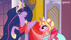Size: 1920x1080 | Tagged: safe, artist:luna.queex, edit, edited screencap, imported from derpibooru, screencap, luster dawn, twilight sparkle, alicorn, pony, make new friends but keep discord, the last problem, alicornified, clothes, colored wings, colored wingtips, crown, dress, duo, ethereal mane, eyelashes, eyes closed, female, hoof shoes, horn, indoors, jewelry, lustercorn, mare, older, older twilight, open mouth, princess twilight 2.0, race swap, raised hoof, regalia, starry mane, twilight sparkle (alicorn), wings