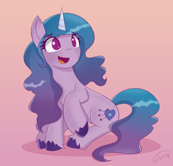 Size: 2000x1920 | Tagged: safe, artist:sunnyroop23, imported from derpibooru, izzy moonbow, pony, unicorn, spoiler:g5, cute, female, g5, gradient background, happy, izzybetes, mare, open mouth, signature, sitting, solo, unshorn fetlocks