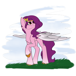 Size: 5000x5000 | Tagged: safe, artist:teelastrie, imported from derpibooru, pipp petals, pegasus, pony, adorapipp, cute, female, g5, jewelry, partially open wings, pipp, raised hoof, simple background, smiling, solo, tiara, unshorn fetlocks, wings