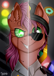 Size: 2894x4093 | Tagged: safe, artist:julunis14, imported from derpibooru, imported from ponybooru, oc, oc only, pony, robot, robot pony, clothes, commission, green eyes, looking at you, police officer, police uniform, signature, smiling, solo, split screen, uniform