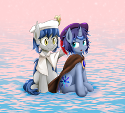 Size: 3000x2700 | Tagged: safe, artist:ce2438, imported from derpibooru, oc, oc only, oc:moonlight toccata, bat pony, pony, unicorn, beret, cape, clothes, duo, female, hat