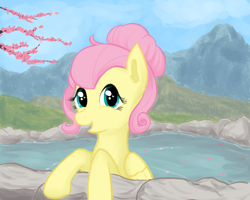 Size: 1280x1024 | Tagged: safe, artist:podiponi, imported from derpibooru, fluttershy, pegasus, pony, alternate hairstyle, cute, ear fluff, female, folded wings, hair bun, happy, heart eyes, hot springs, looking at you, mare, open mouth, outdoors, scenery, shyabetes, smiling, solo, three quarter view, water, wingding eyes, wings