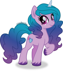 Size: 3574x4000 | Tagged: safe, artist:limedazzle, imported from derpibooru, imported from ponybooru, izzy moonbow, pony, unicorn, spoiler:g5, backwards cutie mark, cute, eyelashes, female, g5, high res, izzybetes, looking at you, mare, raised hoof, raised leg, simple background, smiling, solo, transparent background, unshorn fetlocks