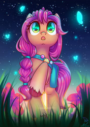 Size: 1600x2264 | Tagged: safe, artist:musicfirewind, artist:wavecipher, imported from derpibooru, sunny starscout, butterfly, earth pony, pony, badge, braid, female, flower, g5, grass, mare, night, night sky, open mouth, raised hoof, sky, solo, starry eyes, stars, unshorn fetlocks, wingding eyes