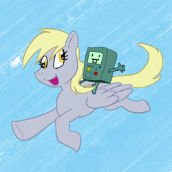 Size: 400x400 | Tagged: safe, artist:carelessdoodler, imported from derpibooru, derpy hooves, pegasus, pony, adventure time, bmo, crossover, cutie mark, digital art, duo, female, flying, open mouth, simple background, sky, spread wings, tail, wings