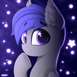 Size: 3000x3000 | Tagged: safe, artist:alexbefest, imported from derpibooru, oc, oc only, bat pony, pony, bat pony oc, bat wings, bust, ear fluff, eyebrows, eyebrows visible through hair, purple background, purple eyes, simple background, solo, wings