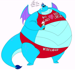 Size: 11193x10528 | Tagged: safe, alternate version, artist:princebluemoon3, imported from derpibooru, princess ember, dragon, absurd resolution, clothes, dragoness, dragonlard ember, fat, female, midriff, milkshake, morbidly obese, obese, simple background, small head, solo, solo female, sunglasses, swimsuit, white background