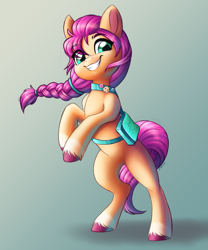 Size: 2500x3000 | Tagged: safe, artist:faline-art, imported from derpibooru, sunny starscout, earth pony, pony, badge, bag, bipedal, braid, cute, female, fluttershy's cutie mark, g5, gradient background, grin, high res, mare, rainbow dash's cutie mark, rearing, satchel, smiling, solo, sunnybetes, teeth, twilight sparkle's cutie mark, unshorn fetlocks