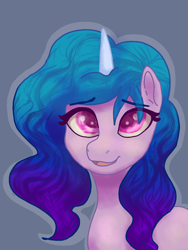 Size: 1080x1440 | Tagged: safe, artist:shaslan, imported from derpibooru, izzy moonbow, pony, unicorn, blue background, female, g5, looking at you, mare, open mouth, simple background, solo