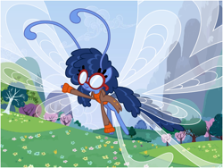 Size: 800x600 | Tagged: safe, artist:flash equestria photography, imported from derpibooru, oc, oc only, oc:moonflower mist, breezie, antennae, blue hair, breezie oc, clothes, coat, flower field, flying, glasses, opaque lenses, outdoors, pigtails, show accurate, solo, sweater