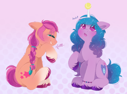 Size: 2732x2037 | Tagged: safe, artist:adostume, imported from derpibooru, izzy moonbow, sunny starscout, earth pony, pony, unicorn, backwards cutie mark, ball, baseball, blushing, cute, cutie mark, eyelashes, female, fluffy, g5, g5 movie, horn, horn guard, horn impalement, hornball, izzy's tennis ball, laughing, looking up, mare, one leg raised, raised hoof, simple background, sitting, smiling, sports, surprised, tennis ball, unshorn fetlocks