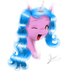 Size: 1023x1080 | Tagged: safe, artist:jorge123esp, imported from derpibooru, izzy moonbow, pony, unicorn, bust, female, g5, mare, one eye closed, open mouth, portrait, signature, simple background, solo, tongue out, white background
