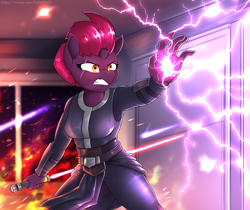 Size: 4500x3776 | Tagged: safe, artist:felixf, imported from derpibooru, tempest shadow, anthro, unicorn, crossover, female, lightning, lightsaber, sith, solo, star wars, weapon