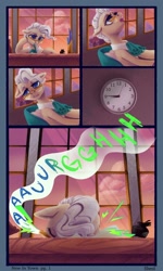 Size: 750x1250 | Tagged: safe, artist:violettacamak, imported from derpibooru, mayor mare, earth pony, pony, comic:royal pains, bored, clock, evening, facedesk, female, glasses, groan, hooves, inkwell, mare, office, open mouth, pen, quill, solo, tired