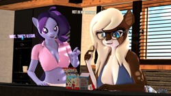 Size: 1920x1080 | Tagged: safe, artist:anthroponiessfm, imported from derpibooru, oc, oc:raven storm, oc:starry snow, anthro, deer, deer pony, original species, 3d, belly button, breasts, chocolate, cleavage, clothes, comic, context is for the weak, deer oc, eating, female, food, glasses, kinder egg, shirt, source filmmaker, toy