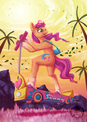 Size: 1029x1455 | Tagged: safe, artist:calena, imported from derpibooru, sunny starscout, earth pony, pony, semi-anthro, spoiler:g5, bag, cute, g5, grass, leaves, mountain, palm tree, perspective, scooter, signature, solo, sun, tree