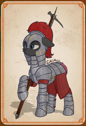 Size: 700x1020 | Tagged: safe, artist:soulfulmirror, imported from derpibooru, oc, oc only, oc:soulful mirror, earth pony, pony, armor, bags under eyes, bec de corbin, floppy ears, gambeson, hammer, helmet, pauldron, ponysona, solo, war hammer, weapon