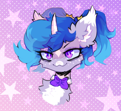 Size: 892x818 | Tagged: safe, artist:astralblues, imported from derpibooru, oc, oc only, oc:astral blues, pony, unicorn, alternate hairstyle, bowtie, bust, chest fluff, coat markings, cute, ear fluff, facial markings, female, floppy ears, fluffy, looking at you, mare, pale belly, pigtails, ponytail, portrait, shy, smiling, snip (coat marking), solo, star (coat marking), twintails, white belly
