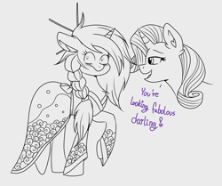 Size: 3682x3085 | Tagged: safe, artist:dreamy990, artist:nightydream, imported from derpibooru, rarity, oc, oc:scar tissue, pony, unicorn, clothes, dress, female, mare, monochrome, rule 63