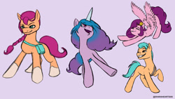Size: 1280x720 | Tagged: safe, artist:sharaheart, imported from derpibooru, hitch trailblazer, izzy moonbow, pipp petals, sunny starscout, earth pony, pegasus, pony, unicorn, eyes closed, female, g5, grin, male, mare, open mouth, pipp, raised hoof, simple background, smiling, stallion, stretching, teeth