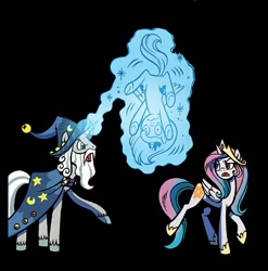 Size: 1262x1276 | Tagged: safe, idw, imported from derpibooru, princess celestia, princess luna, star swirl the bearded, alicorn, pony, unicorn, legends of magic, spoiler:comic, spoiler:comiclom1, black background, comic, magic, simple background, telekinesis, upscaled, vector, young celestia, young luna