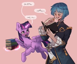 Size: 2048x1712 | Tagged: safe, artist:chibadeer, imported from derpibooru, twilight sparkle, alicorn, human, pony, blushing, book, crossover, genshin impact, magic, smiling, twilight sparkle (alicorn), xingqiu, xingqiu (genshin impact)