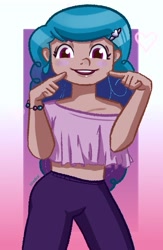 Size: 457x701 | Tagged: safe, artist:lizardicot, imported from derpibooru, izzy moonbow, human, abstract background, blushing, clothes, dark skin, ear piercing, female, g5, heart, humanized, looking at you, midriff, off shoulder, open mouth, pants, piercing, pointing, shirt, short shirt, solo