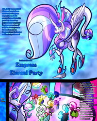 Size: 2400x3000 | Tagged: safe, artist:keytee-chan, imported from derpibooru, applejack, fluttershy, pinkie pie, princess ember, rainbow dash, rarity, spike, starlight glimmer, sunset shimmer, twilight sparkle, oc, oc:azure blizzard, oc:balance essence, oc:blau deep, oc:empress eternal party, oc:fresh wisdom, oc:gelbe lightning, oc:grune gust, oc:rosa gaia, oc:rouge fire, oc:solar might, oc:violet magic, comic:the great big fusion 1 remake, female, fusion, fusion:empress eternal party, hair bun, lipstick, male, mother and child, mother and son