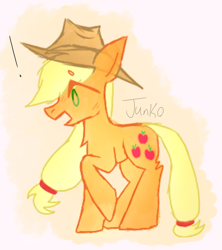 Size: 800x900 | Tagged: safe, artist:junko, artist:php163, imported from derpibooru, applejack, surprise, earth pony, pony, accessories, accessory, applejack's hat, chest fluff, colored sketch, cowboy hat, doodle, female, hat, mare, raised hoof, signature, simple background, solo, surprised, white background, wip