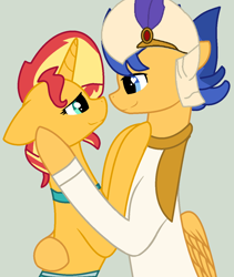 Size: 1098x1304 | Tagged: safe, artist:jadeharmony, artist:jadethepegasus, imported from derpibooru, flash sentry, sunset shimmer, unicorn, aladdin, female, flashimmer, jasmine, male, shipping, straight