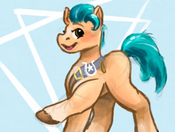 Size: 1280x960 | Tagged: safe, artist:flurryheart04, imported from derpibooru, hitch trailblazer, earth pony, pony, abstract background, blushing, g5, looking at you, male, open mouth, solo, stallion, unshorn fetlocks