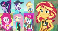 Size: 949x500 | Tagged: safe, artist:royalsilver4, edit, imported from derpibooru, screencap, applejack, fluttershy, pinkie pie, rainbow dash, rarity, sci-twi, sunset shimmer, twilight sparkle, equestria girls, equestria girls series, forgotten friendship, friendship math, i'm on a yacht, bikini, cap, clothes, geode of empathy, geode of fauna, geode of shielding, geode of sugar bombs, geode of super speed, geode of super strength, geode of telekinesis, hat, humane five, humane seven, humane six, magical geodes, sarong, sleeveless, sun hat, swimsuit, wetsuit