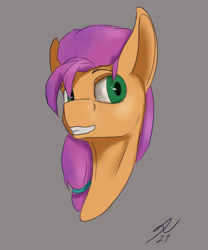 Size: 1800x2160 | Tagged: safe, artist:tenebrisnoctus, imported from derpibooru, sunny starscout, earth pony, pony, bust, female, g5, gray background, grin, portrait, signature, simple background, smiling, solo, teeth