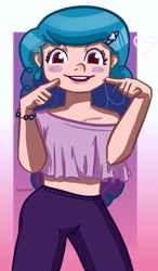 Size: 411x704 | Tagged: safe, artist:lizardicot, imported from derpibooru, izzy moonbow, human, abstract background, blushing, clothes, ear piercing, female, g5, heart, humanized, looking at you, midriff, off shoulder, open mouth, pants, piercing, pointing, shirt, short shirt, solo