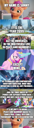 Size: 500x1854 | Tagged: safe, edit, edited screencap, editor:lord you know who, imported from derpibooru, screencap, plaid stripes, princess cadance, sunny starscout, alicorn, earth pony, human, pegasus, pony, 2099, bad future, comic, cyberpunk, delete this please, dystopia, female, g5, glowing horn, horn, magic, magic aura, male, narration, op regrets making this pic, sad, screencap comic, sitting, solo