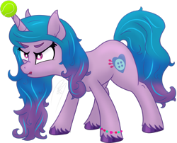 Size: 1705x1376 | Tagged: safe, artist:soctavia, imported from derpibooru, izzy moonbow, pony, unicorn, spoiler:g5, annoyed, female, g5, horn, horn impalement, looking up, mare, scowl, simple background, tennis ball, tongue out, transparent background, upset