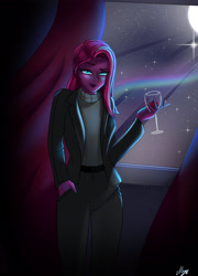 Size: 1920x2662 | Tagged: safe, artist:melanyoprisdraws, imported from derpibooru, tempest shadow, equestria girls, alcohol, alternate hairstyle, bedroom eyes, blushing, clothes, coat, curtains, drink, equestria girls-ified, female, glass, jeans, moon, night, pants, solo, stars, sweater, window, wine, wine glass