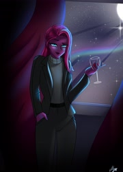 Size: 2954x4096 | Tagged: safe, artist:melanyoprisdraws, imported from derpibooru, tempest shadow, equestria girls, alcohol, alternate hairstyle, bedroom eyes, blushing, clothes, coat, curtains, drink, equestria girls-ified, female, glass, jeans, moon, night, pants, solo, stars, sweater, window, wine, wine glass