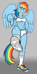 Size: 400x800 | Tagged: safe, artist:carelessdoodler, imported from derpibooru, rainbow dash, anthro, pegasus, belly button, breasts, busty rainbow dash, clothes, cutie mark, cutie mark on clothes, digital art, female, hand on hip, looking at you, pointing, shoes, shorts, simple background, socks, solo, solo female, sports bra, sports shorts, tail, thighs