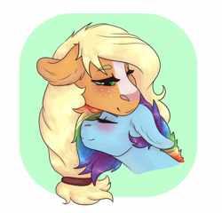 Size: 718x688 | Tagged: artist needed, source needed, safe, imported from derpibooru, applejack, rainbow dash, earth pony, pegasus, pony, appledash, blaze (coat marking), blushing, eyes closed, female, lesbian, nuzzling, shipping