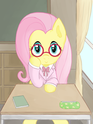 Size: 768x1024 | Tagged: safe, artist:podiponi, imported from derpibooru, fluttershy, pegasus, pony, book, classroom, clothes, cute, female, front view, full face view, glasses, hoof on cheek, indoors, looking at you, mare, pencil case, round glasses, school, school uniform, shyabetes, sitting, smiling, solo, table, window
