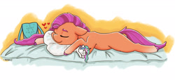 Size: 3000x1401 | Tagged: safe, artist:ratann, imported from derpibooru, princess celestia, sunny starscout, earth pony, pony, bed, eyes closed, female, floppy ears, g5, heart, mare, pillow, signature, sleeping, solo, toy